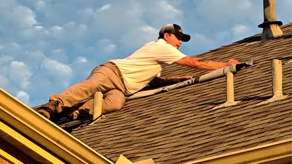 StormVets team member performing an emergency roof repair in Dallas TX