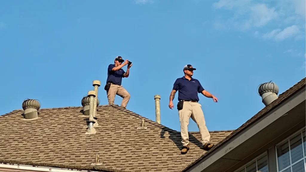 StormVets owners performing a free roof inspection for a customer in Dallas TX